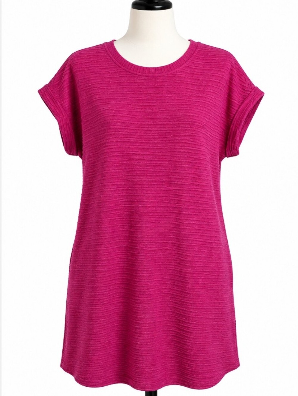 Evaless Magenta Large Textured Tunic Dress Short Sleeve Casual Shift Mini